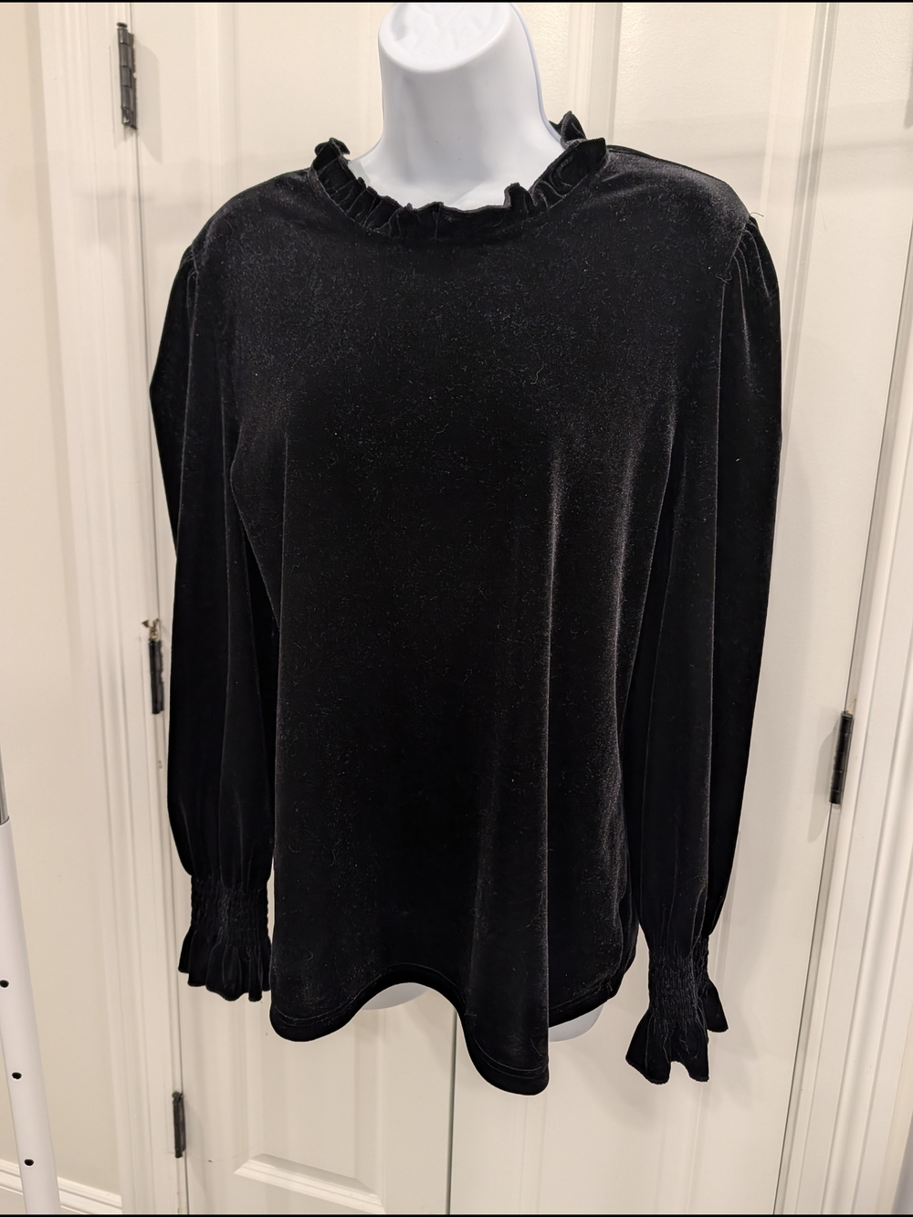 Ruffle-Neck Black Velvet Long-Sleeve Blouse